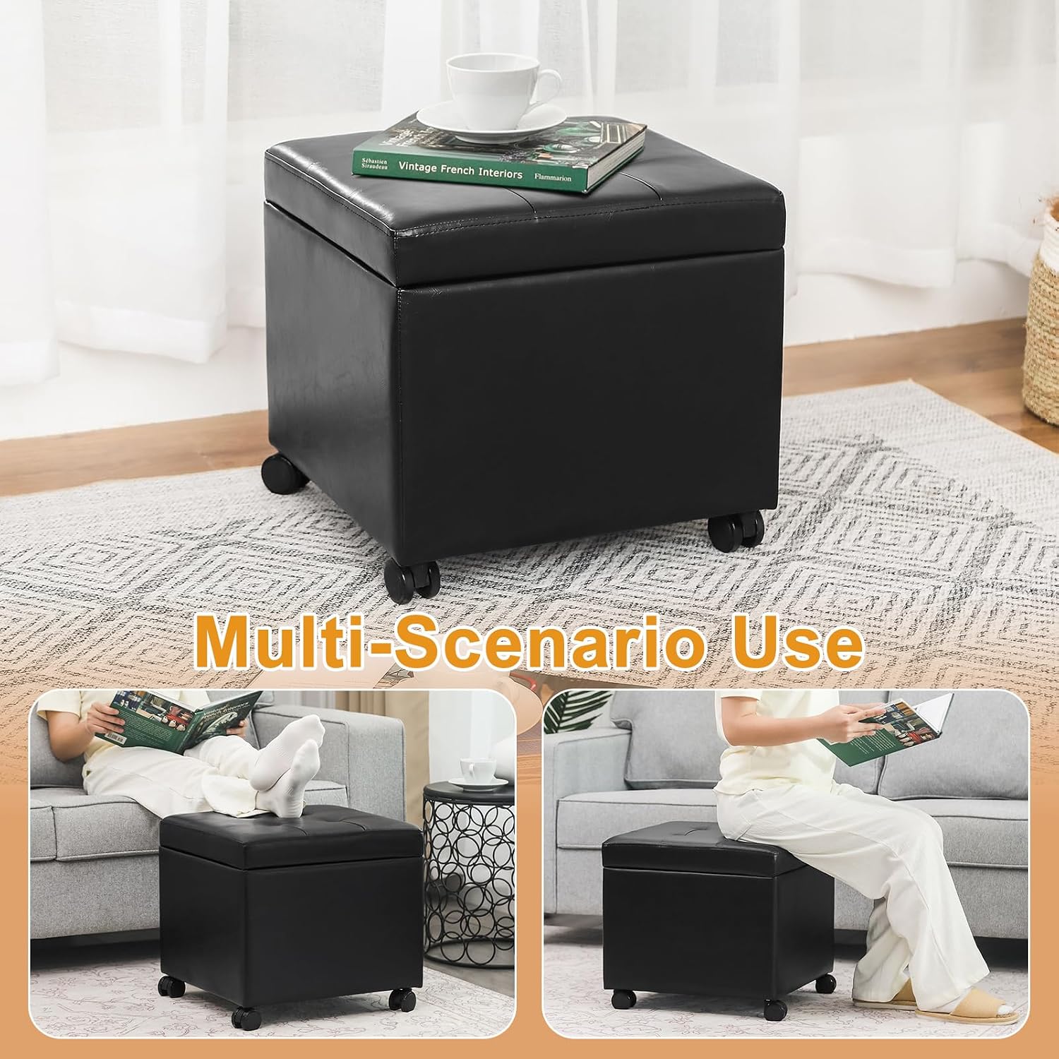Black Tufted Wheeled Square Leather Storage Ottoman