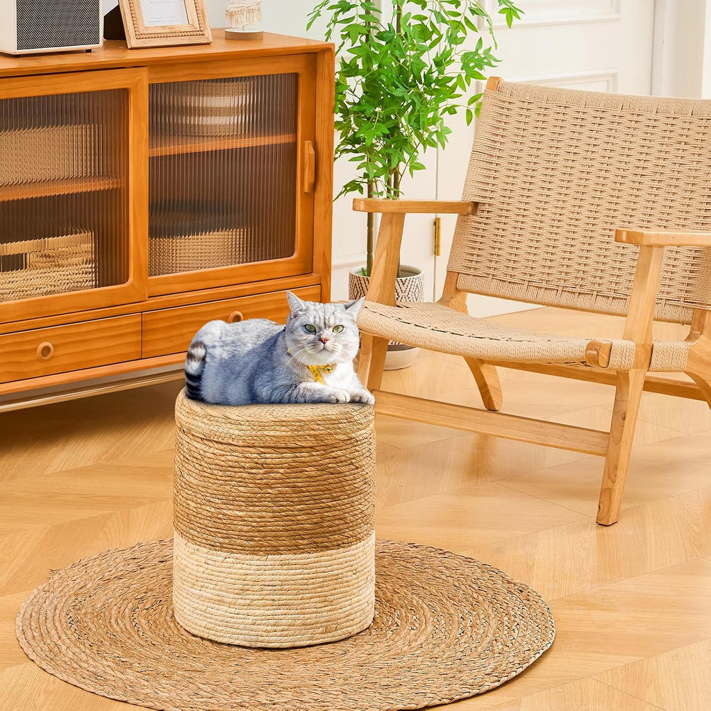 Handwoven Natural Straw Round Bohemian Storage Pouf