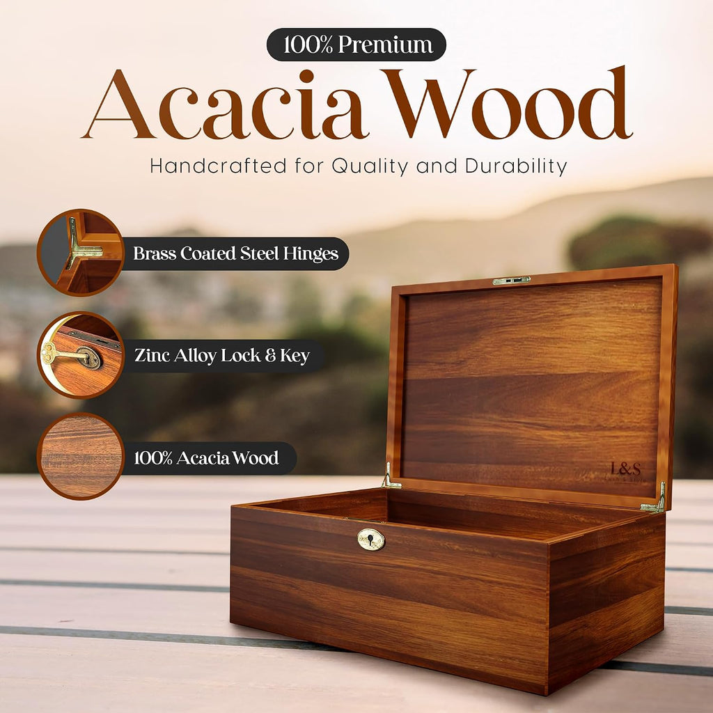 Acacia Wood Lockable Keepsake Storage Chest with Lid