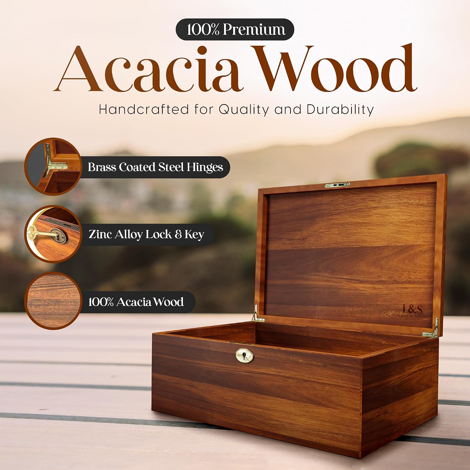 Acacia Wood Lockable Keepsake Storage Chest with Lid