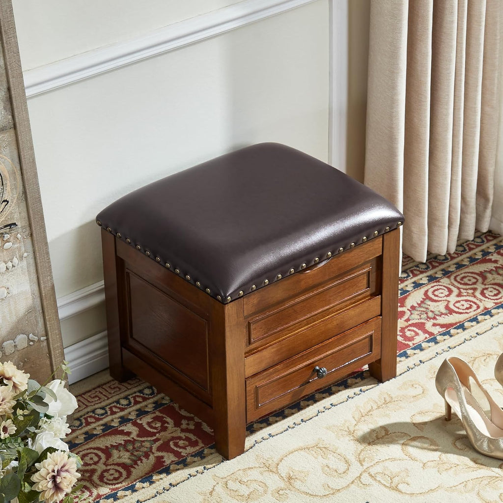 Nailhead Microfiber Leather Drawer Storage Ottoman