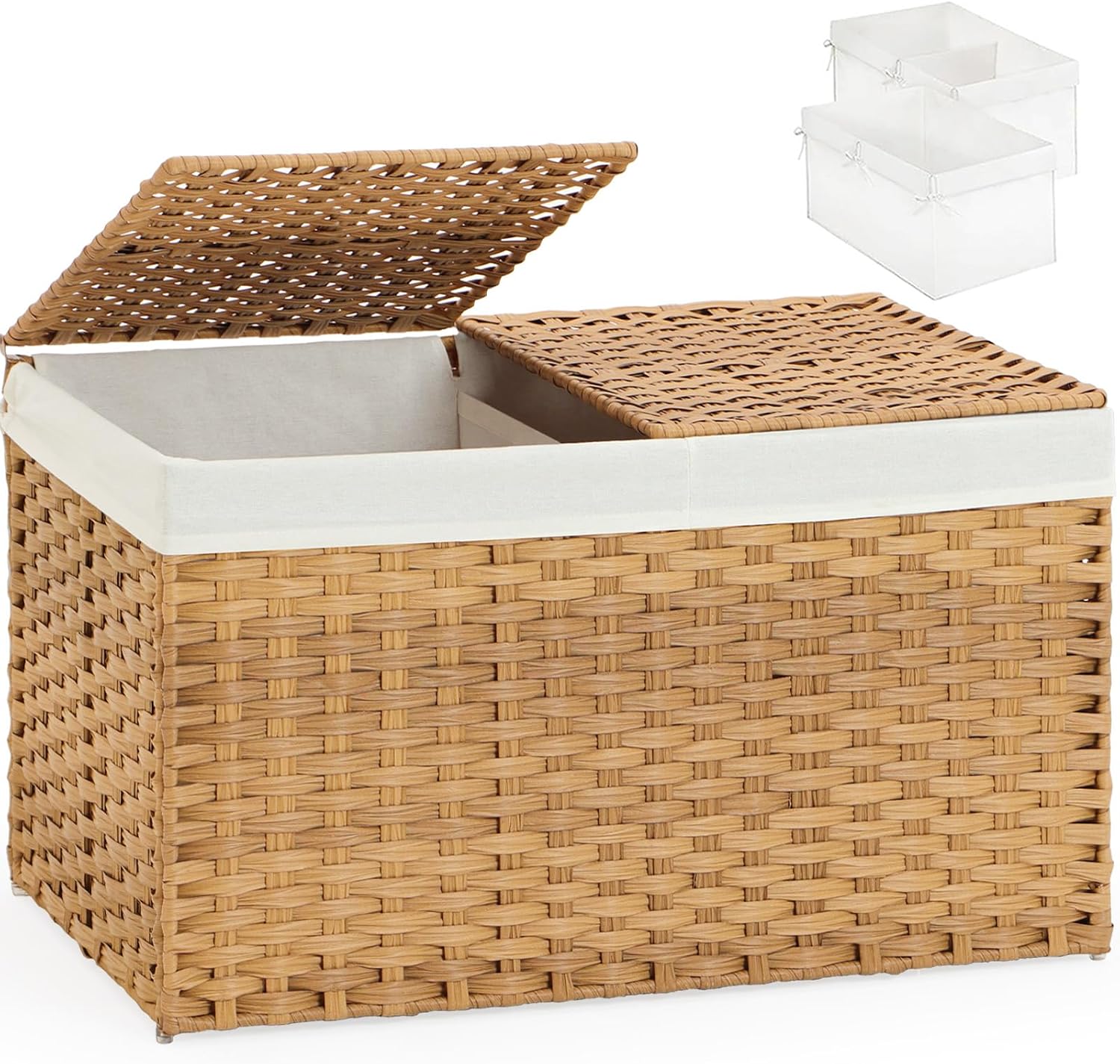 Large Rattan Storage Basket with Dual Lids & Liners