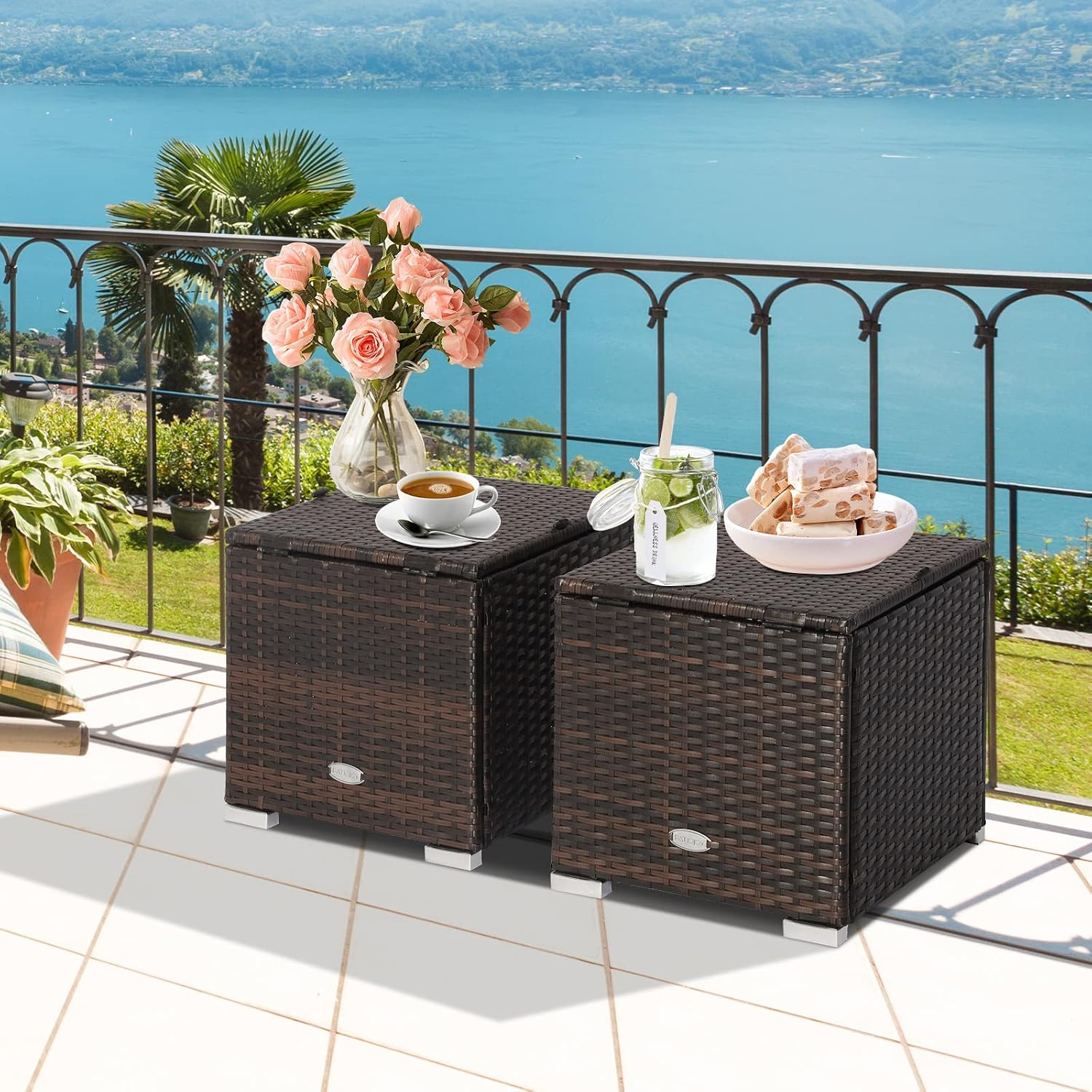 2 Pack PE Rattan Patio Ottoman with Hidden Storage Cushion