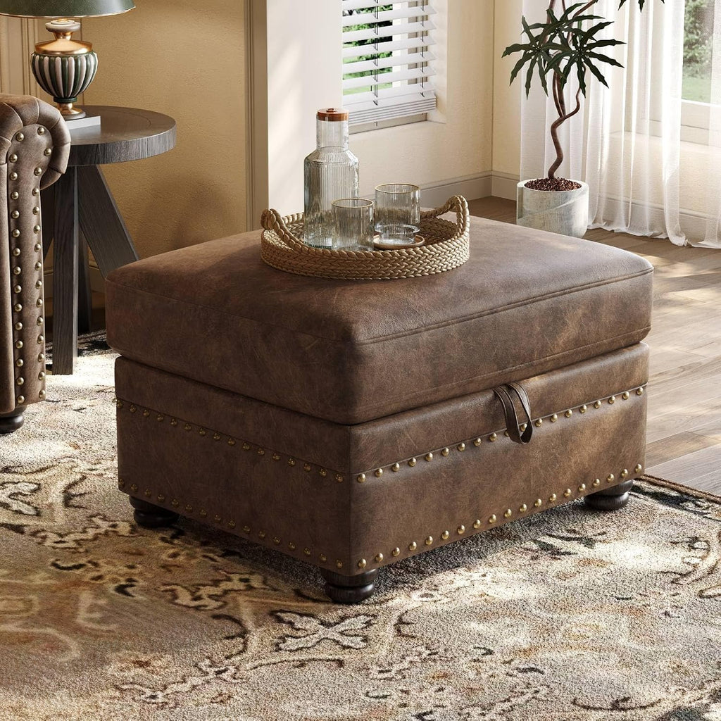 Brown Nailhead Trim Leather Storage Ottoman Bench