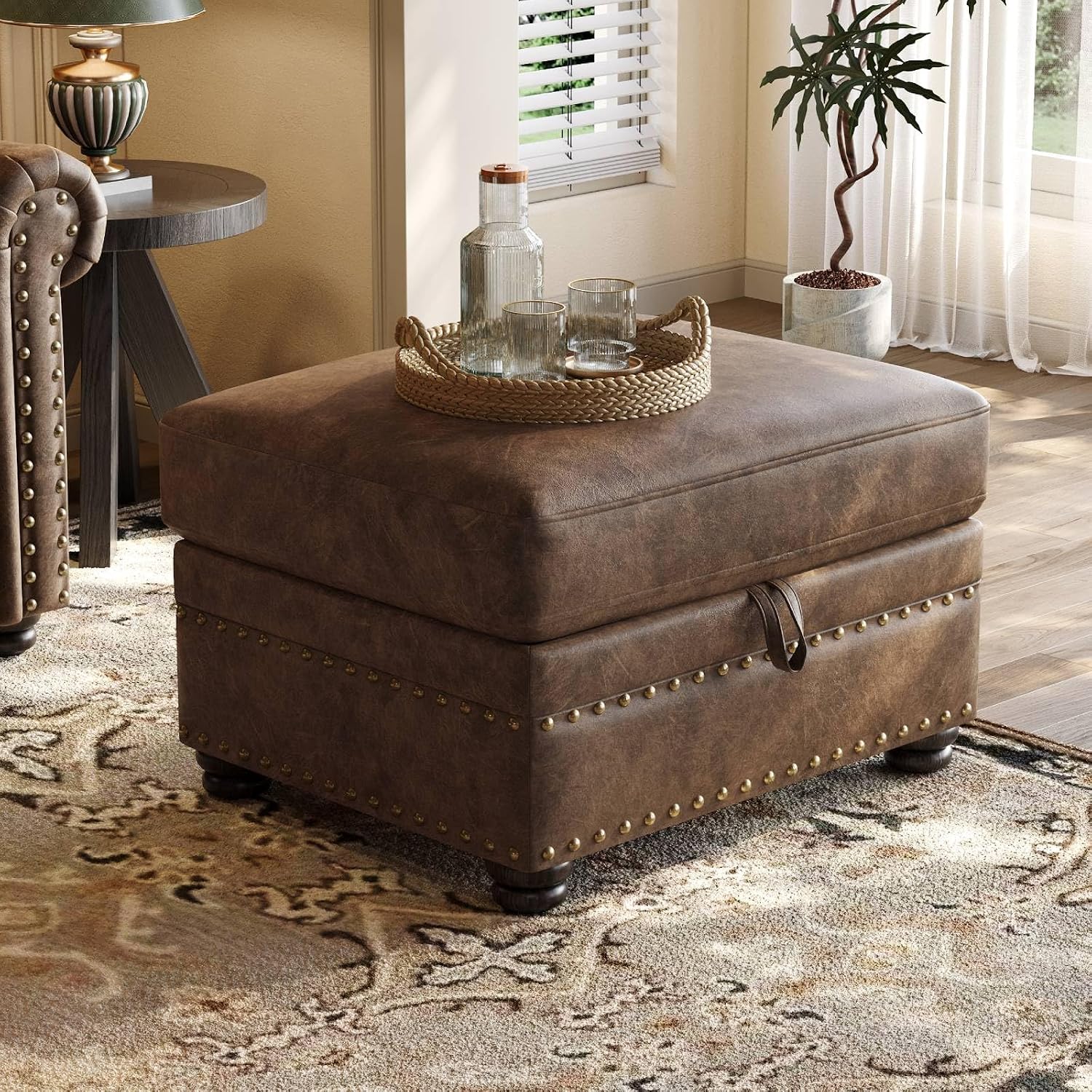Brown Nailhead Trim Leather Storage Ottoman Bench