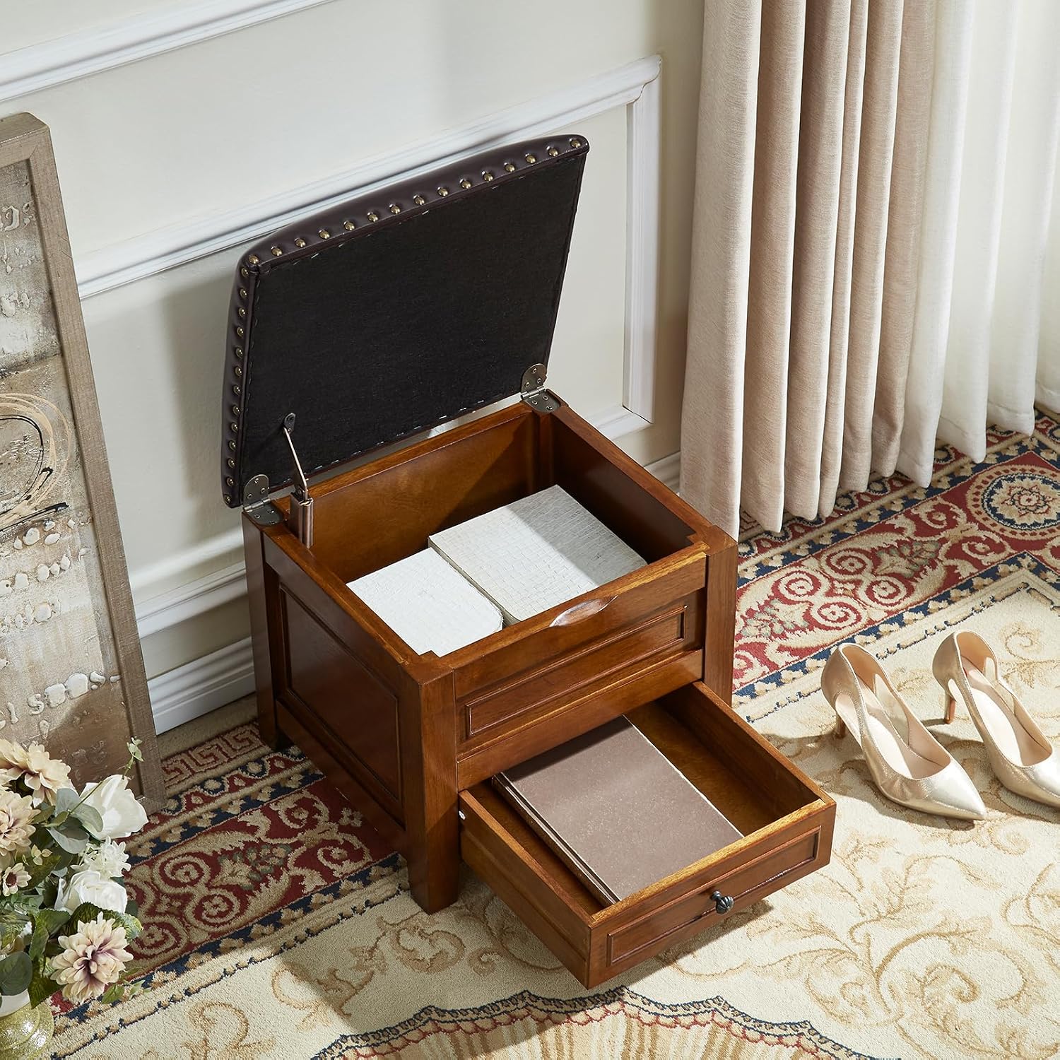 Nailhead Microfiber Leather Drawer Storage Ottoman