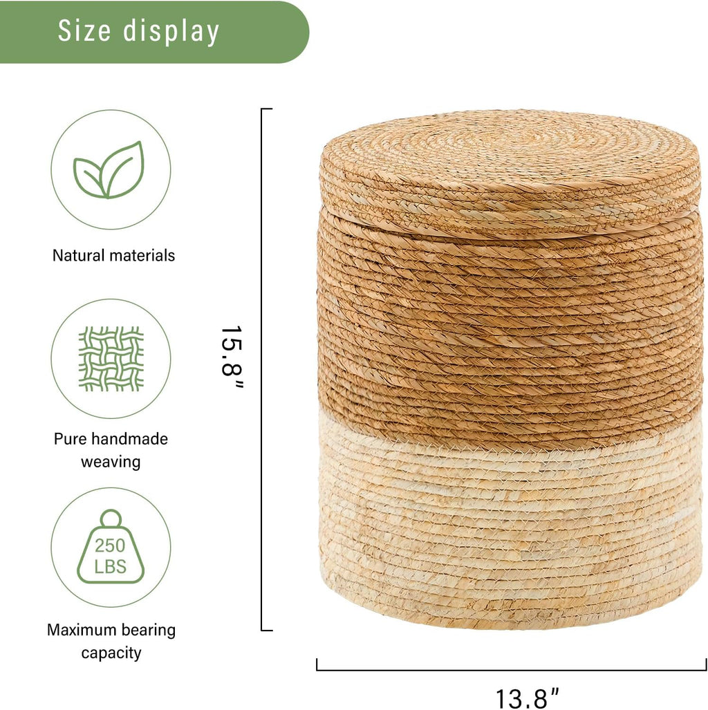 Handwoven Natural Straw Round Bohemian Storage Pouf