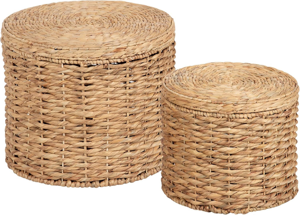 2 Pack Lift-Top Rattan Round Storage Side Ottoman Tables
