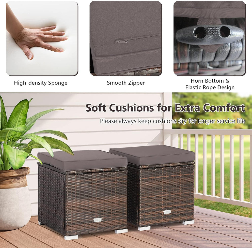 2 Pack PE Rattan Patio Ottoman with Hidden Storage Cushion