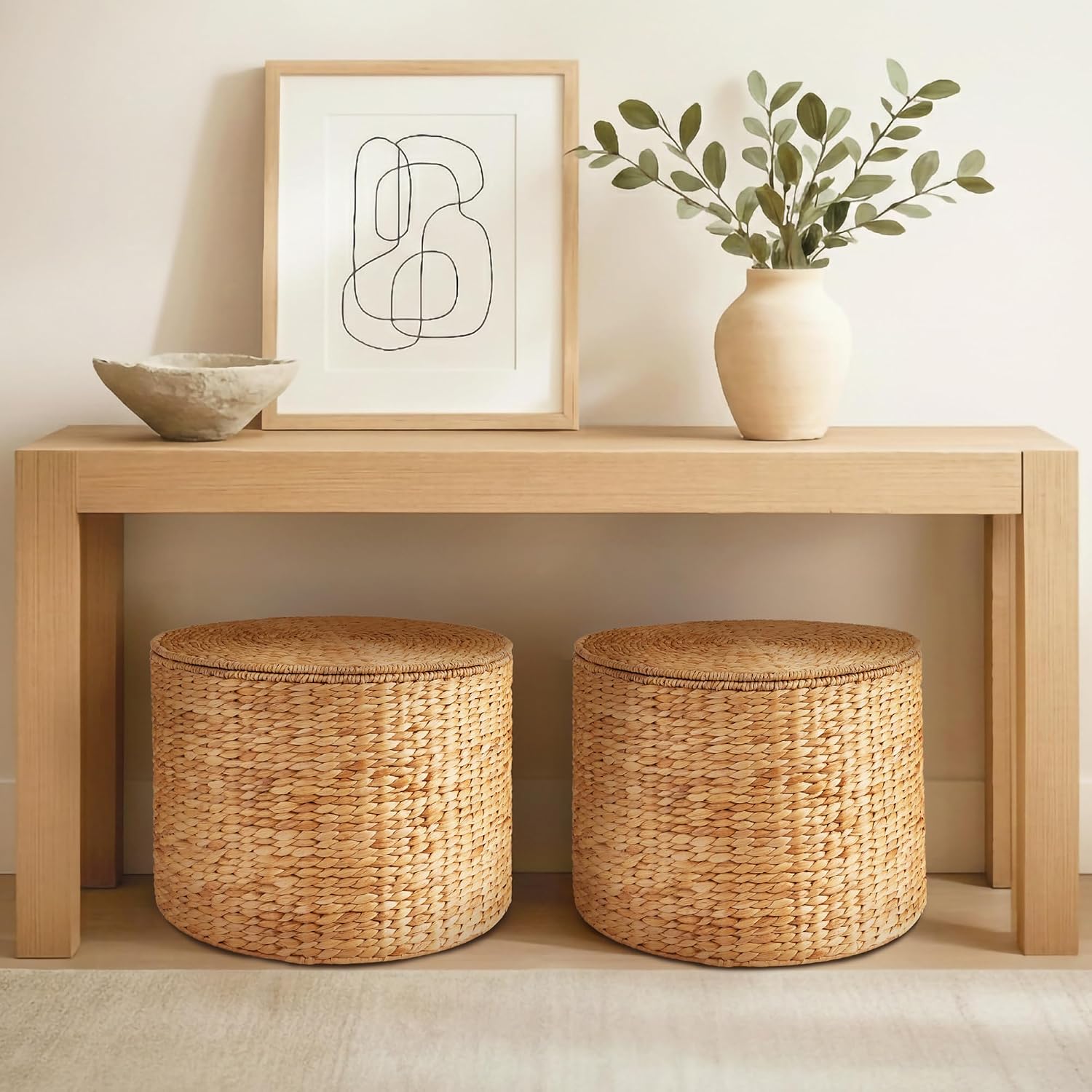 Large Handwoven Water Hyacinth Round Storage Ottoman
