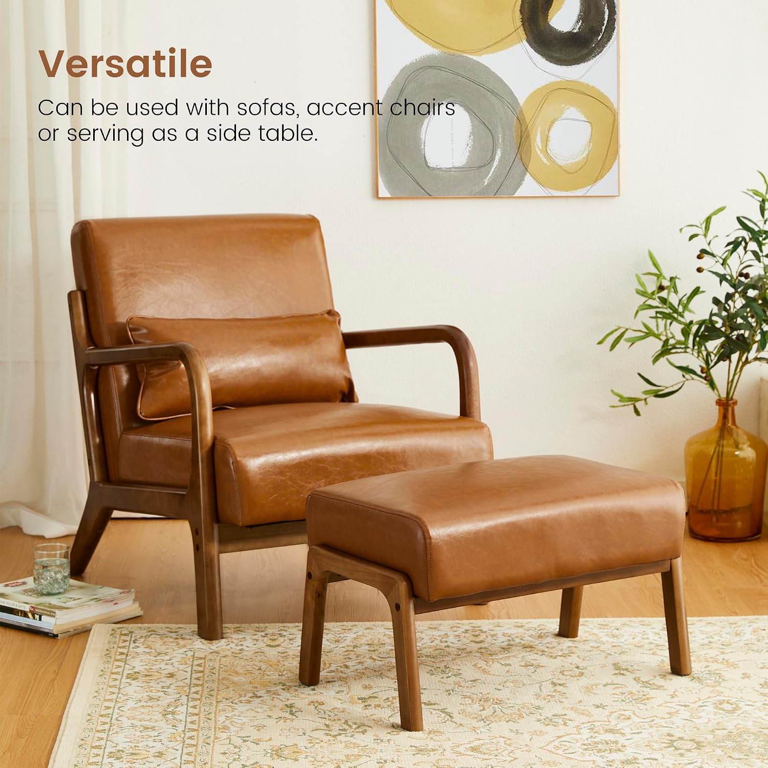 Brown Leatherette Wood Frame Padded Foot Stool