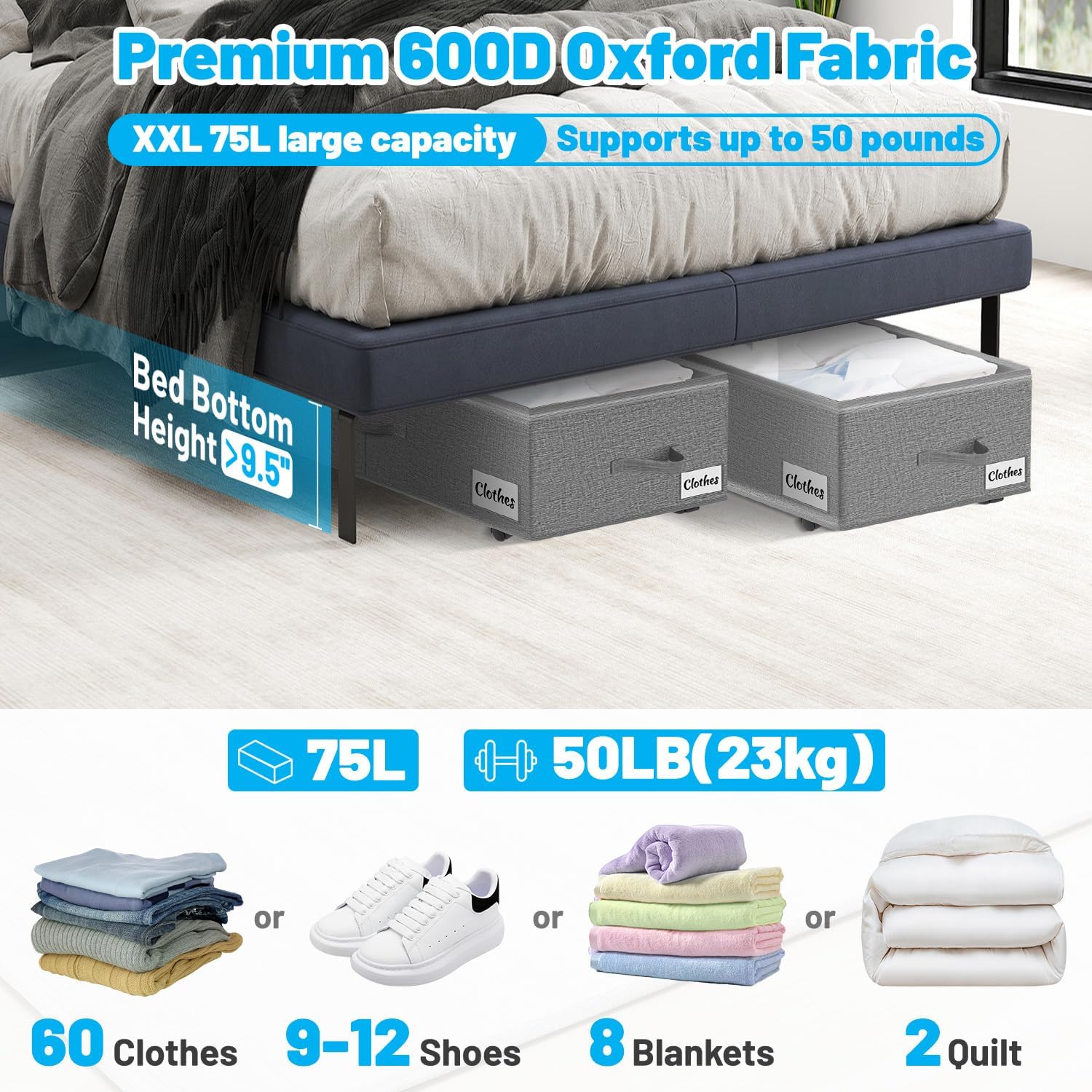 Grey Wheeled XXL Under Bed Storage Bins