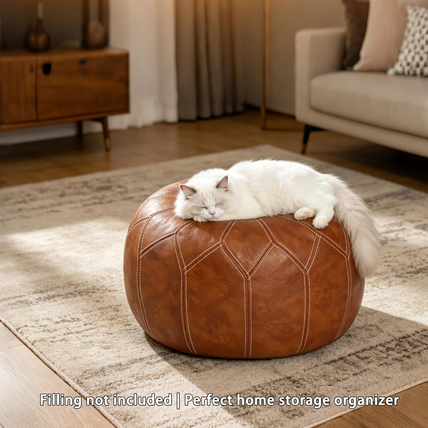 Brown Faux Leather Round Moroccan Pouf Cover
