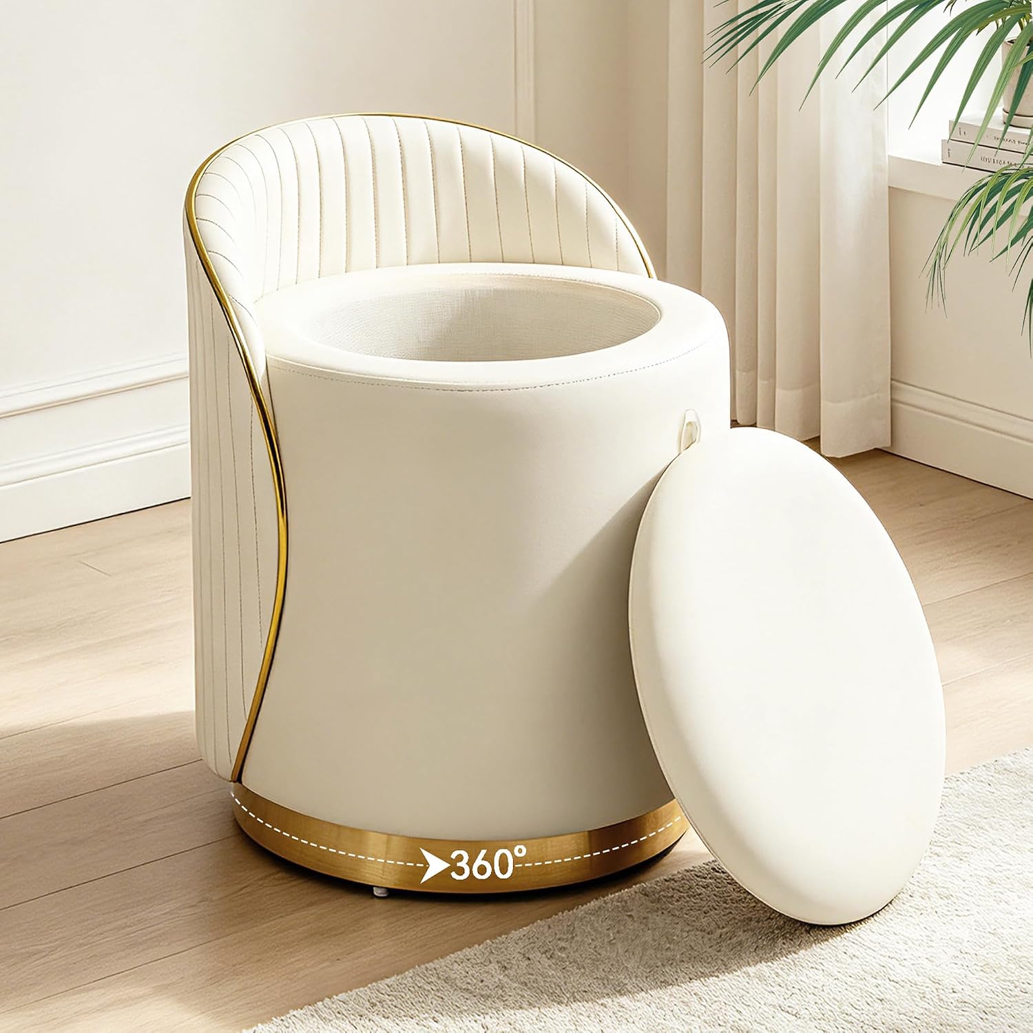 Beige Faux Fur Swivel Vanity Stool with Storage Back