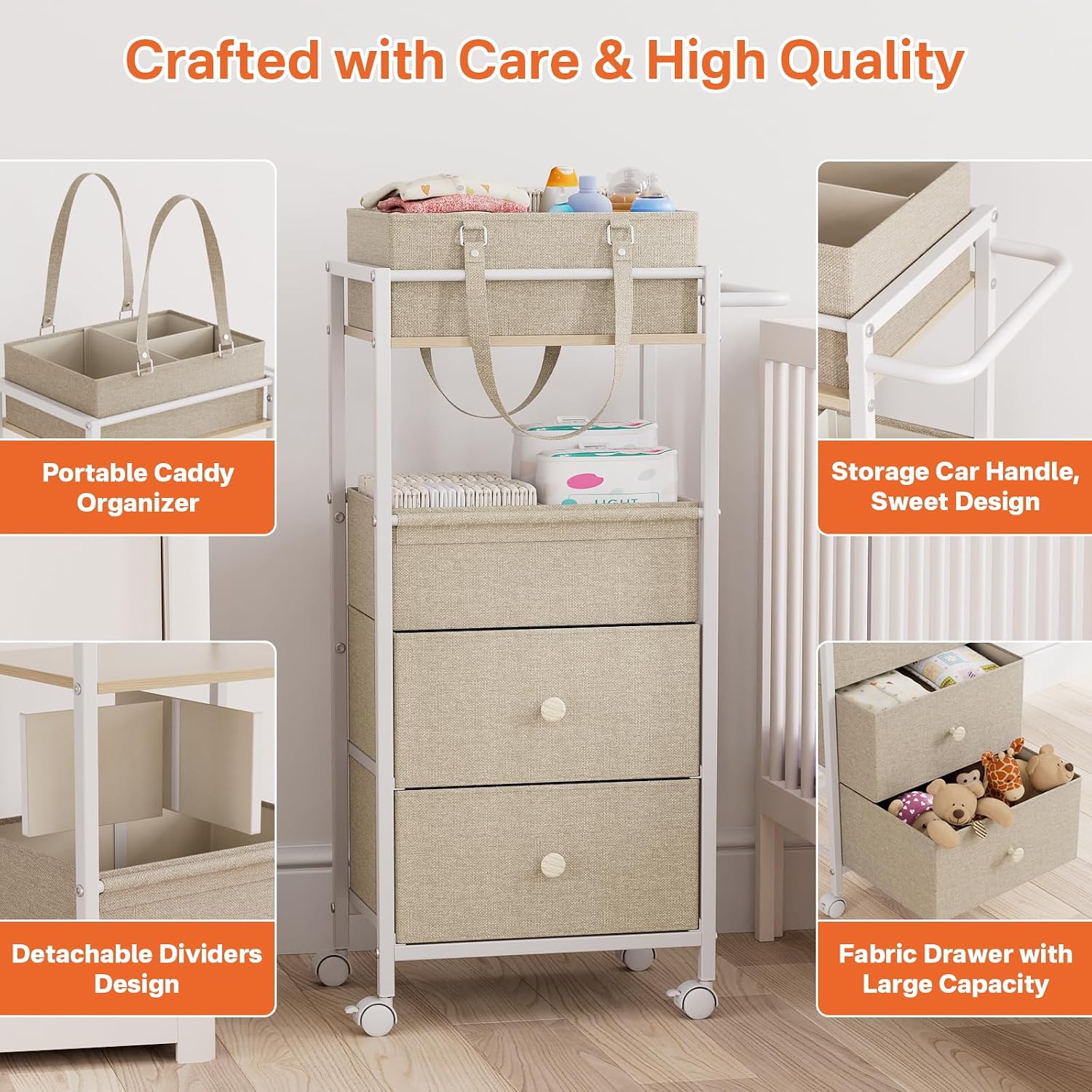 Off White 3-In-1 Rolling Diaper Storage Cart