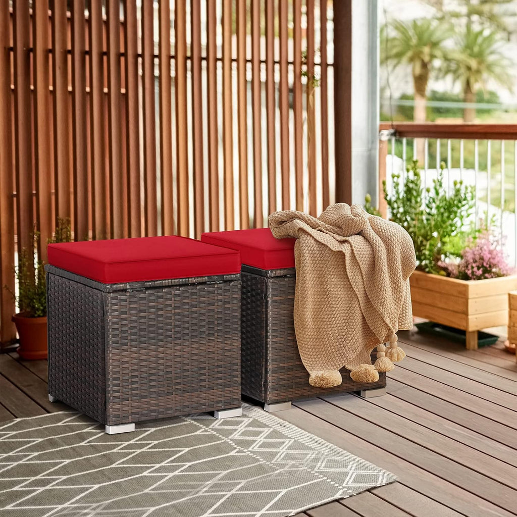 2 Pack PE Rattan Outdoor Ottoman with Soft Cushions