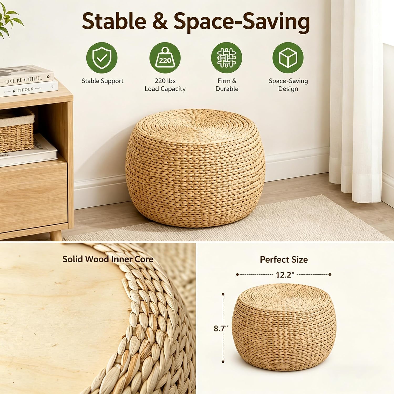Natural Straw Round Pouf with Solid Wood Frame