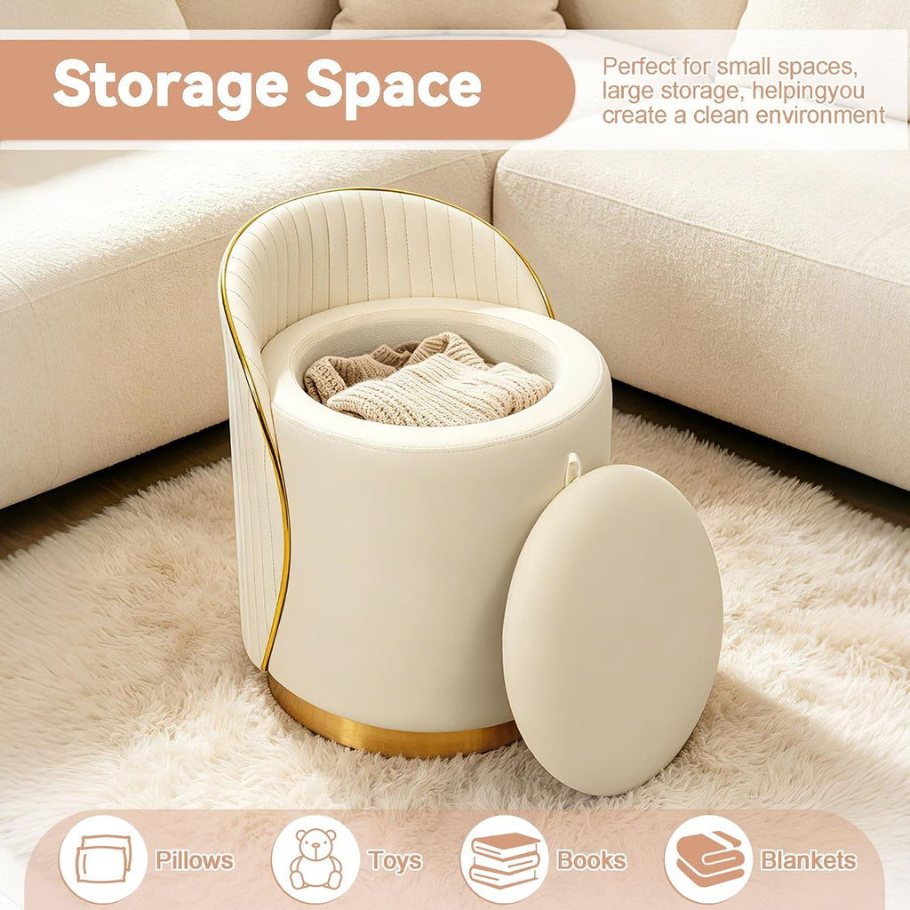 Beige Faux Fur Swivel Vanity Stool with Storage Back