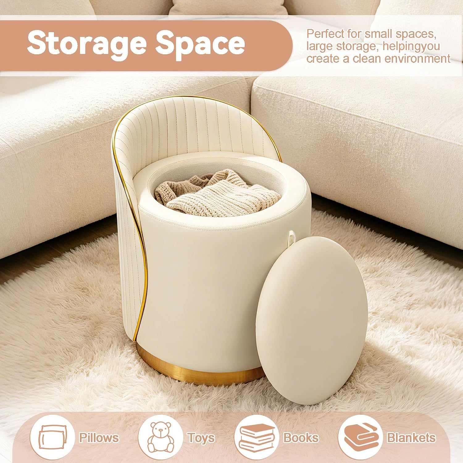 Beige Faux Fur Swivel Vanity Stool with Storage Back
