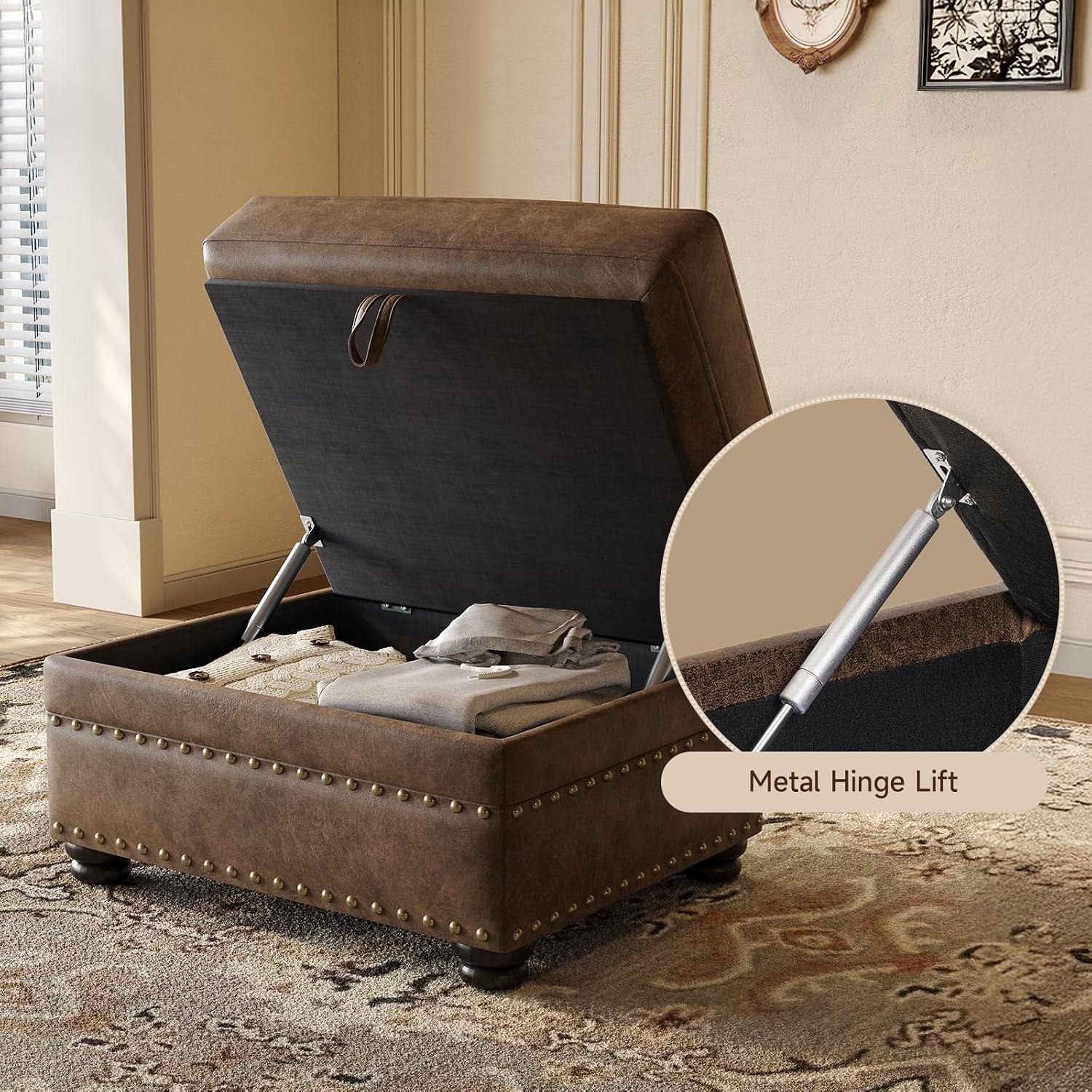 Brown Nailhead Trim Leather Storage Ottoman Bench
