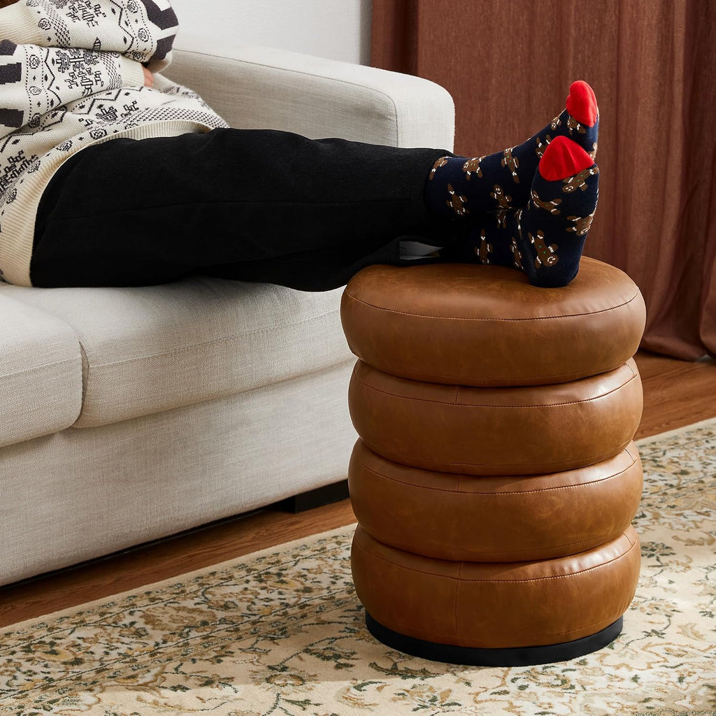 Brown Round Leatherette Storage Vanity Ottoman Stool