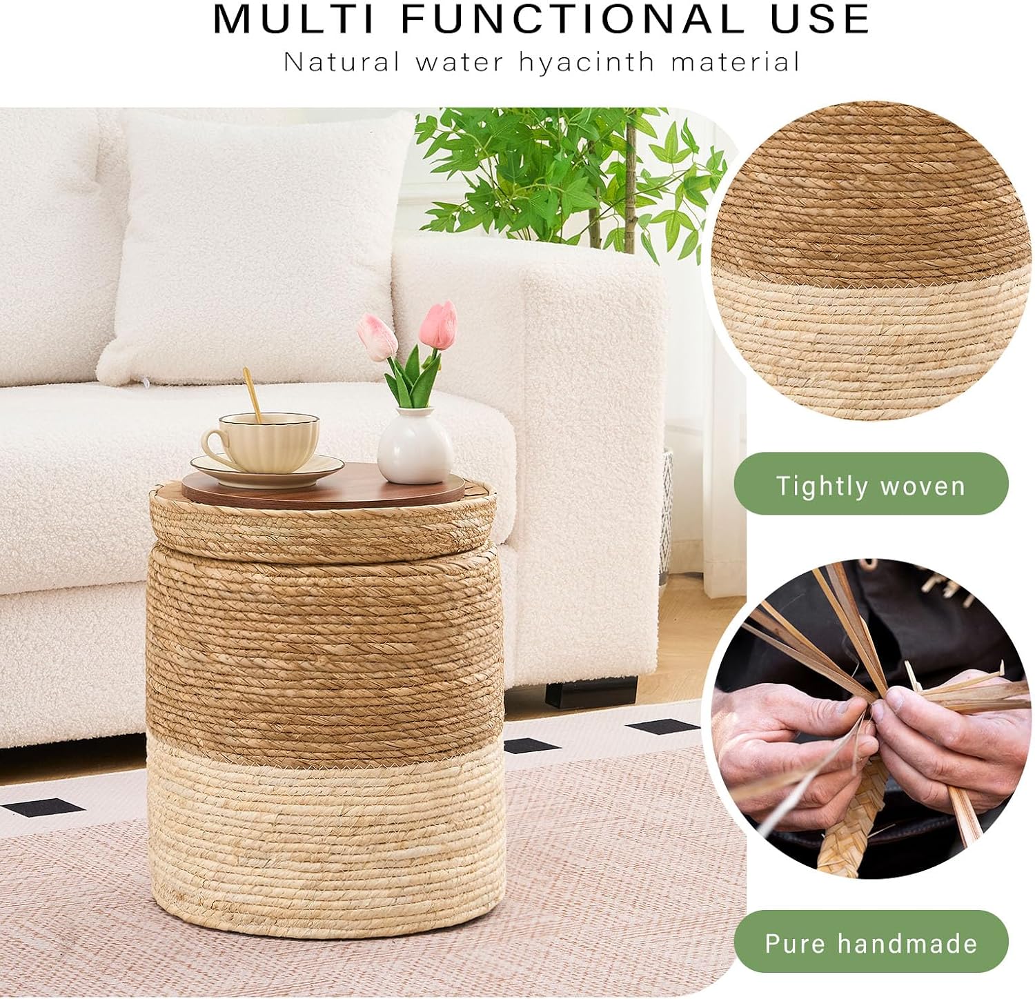 Handwoven Natural Straw Round Bohemian Storage Pouf