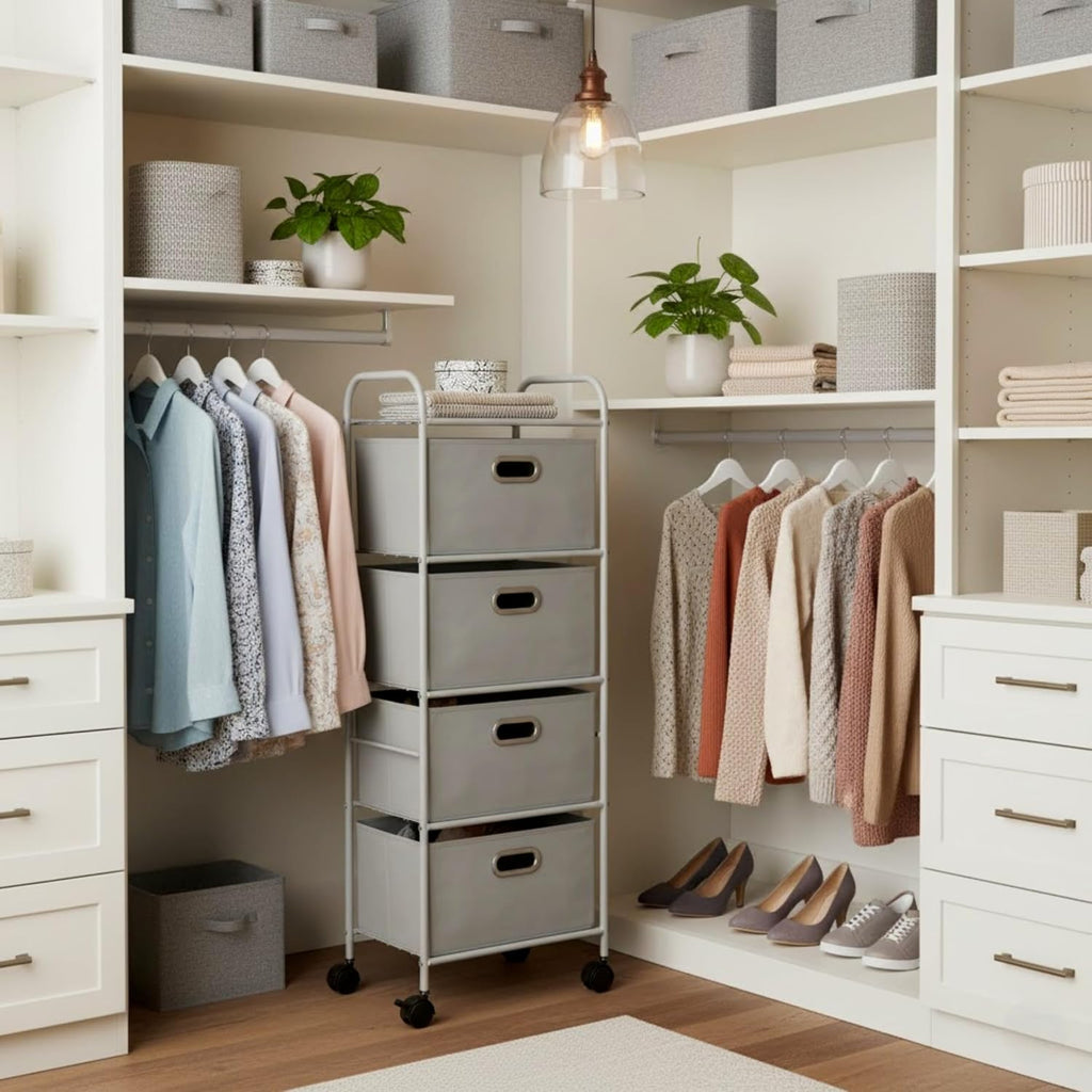 Gray Wheeled Slim 4-Drawer Fabric Dresser