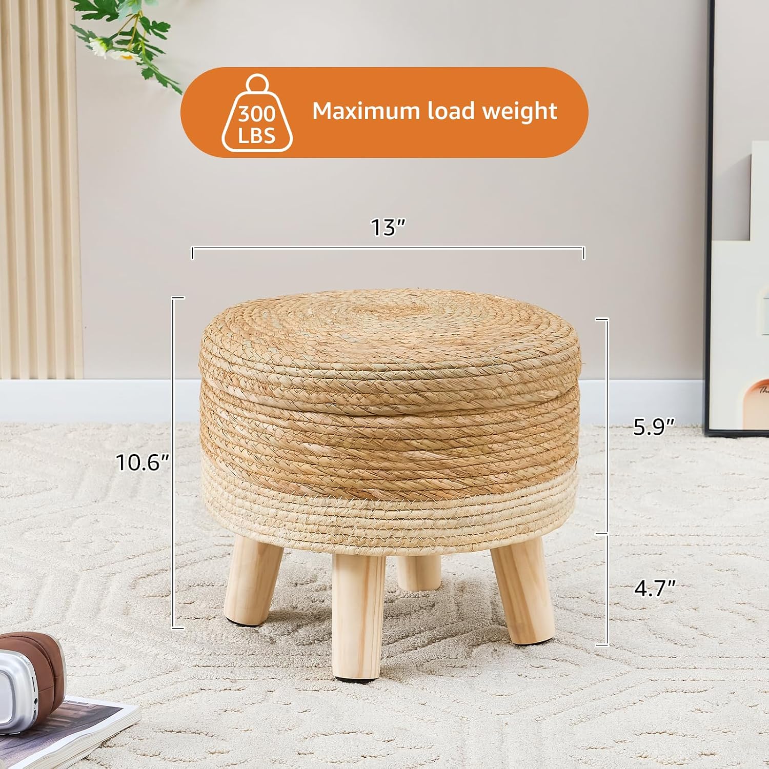 Natural Seagrass Round Storage Ottoman with Wood Legs