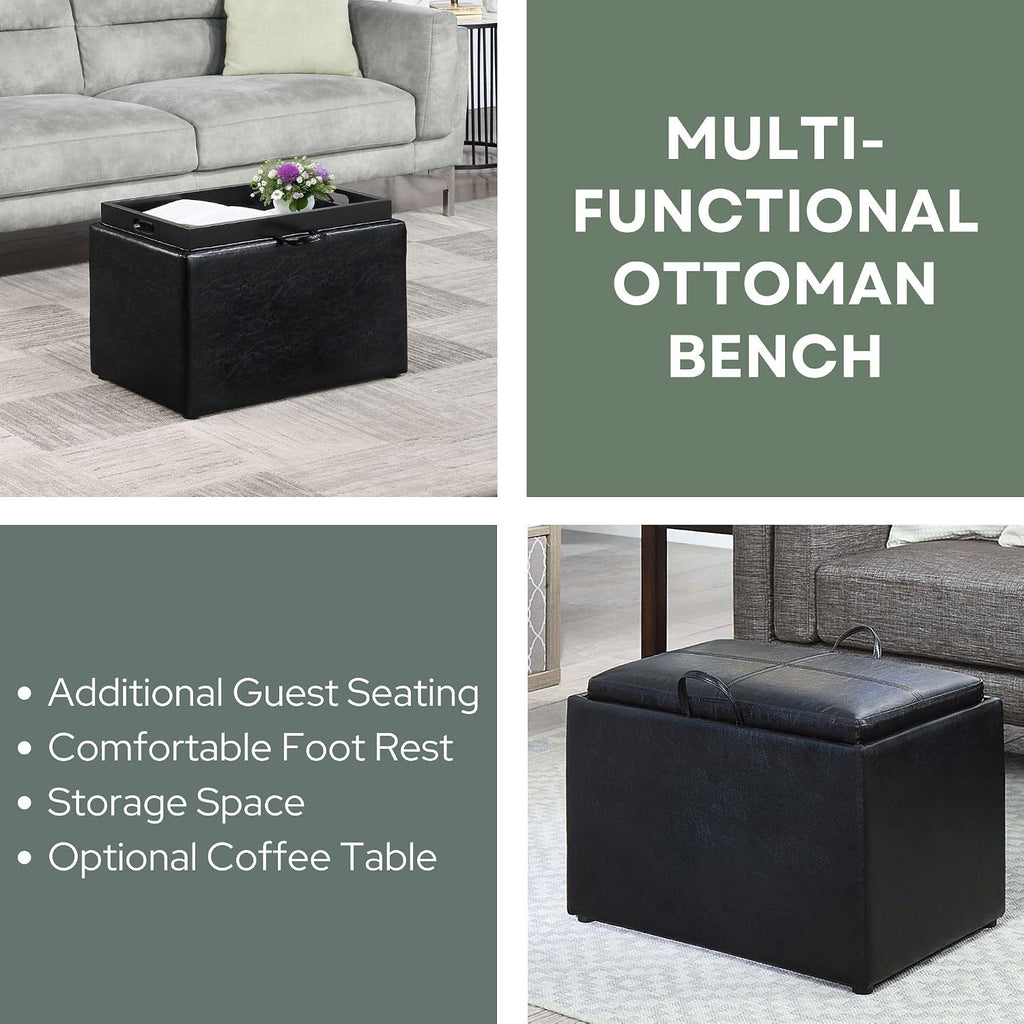 Black Faux Leather Tray Top Storage Ottoman Stool