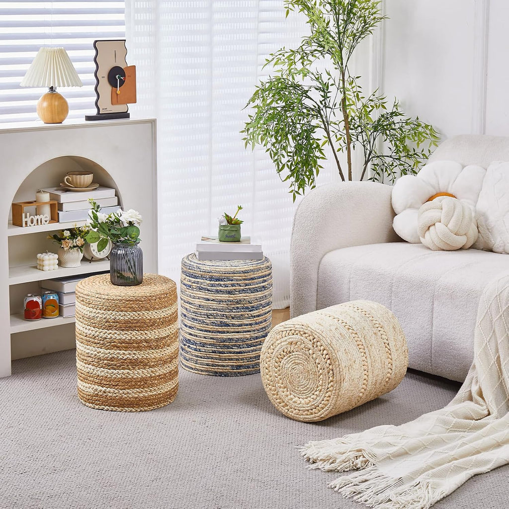 Handwoven Round Seagrass Boho Vanity Ottoman Stool