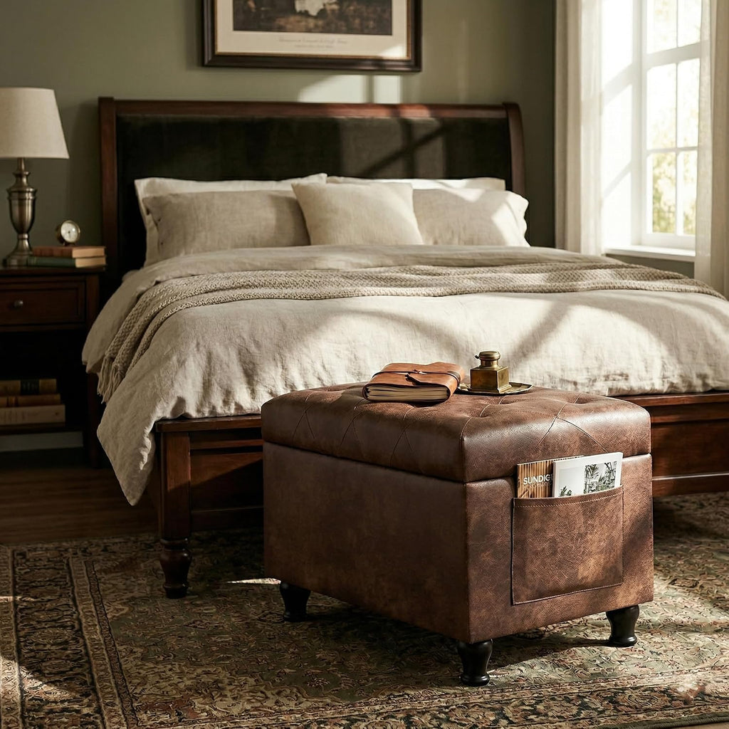 Brown Rectangular Leather Storage Ottoman Bench 24 Inch