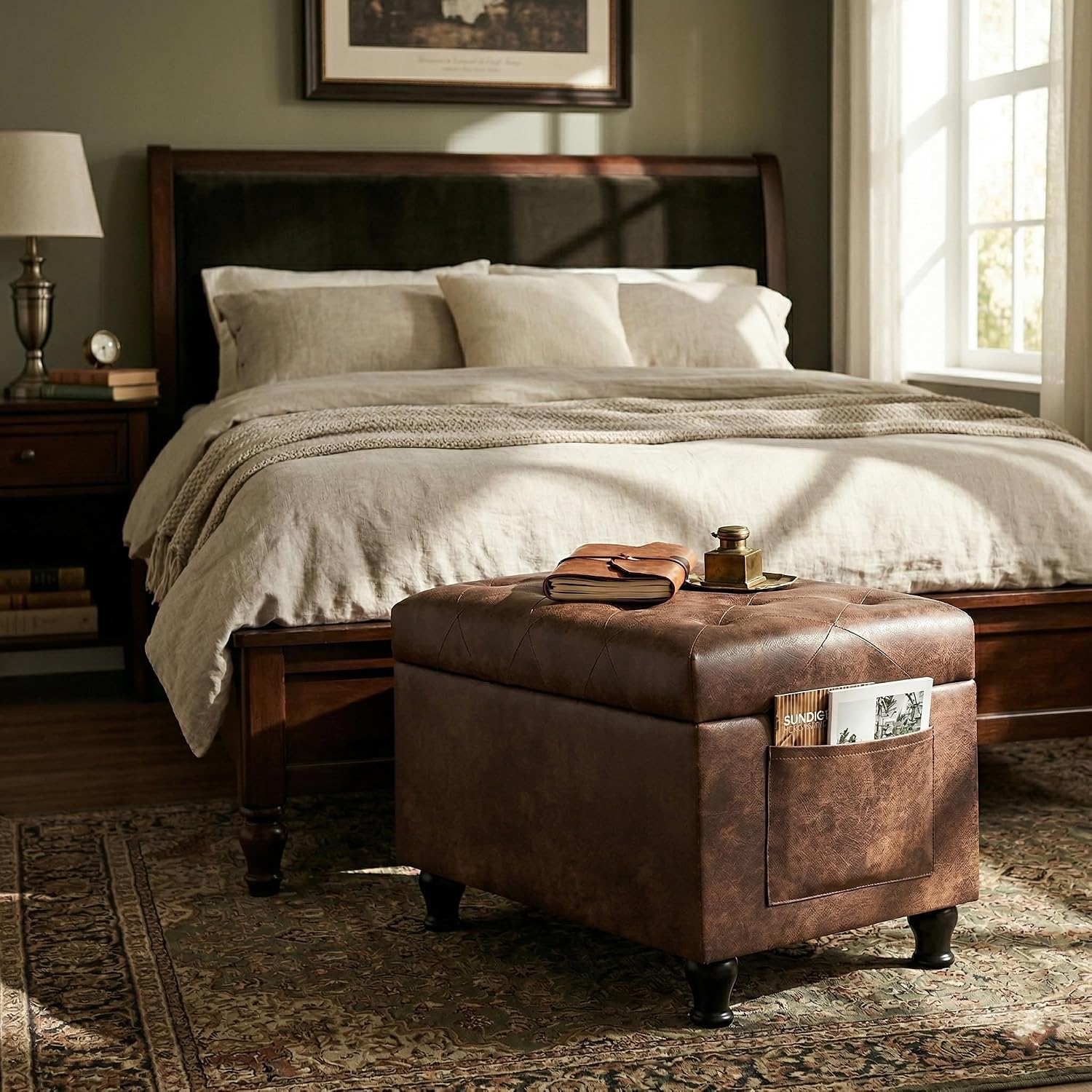 Brown Rectangular Leather Storage Ottoman Bench 24 Inch