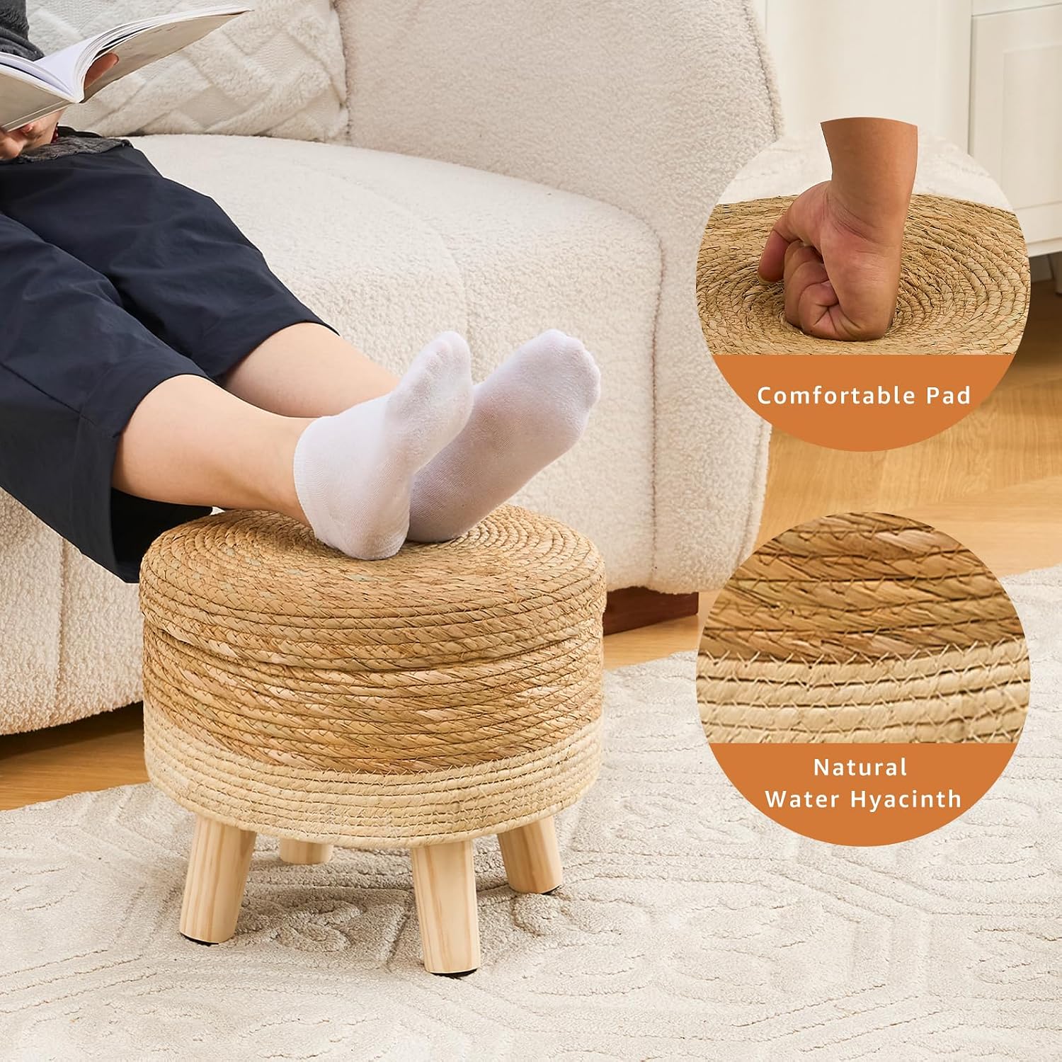 Natural Seagrass Round Storage Ottoman with Wood Legs