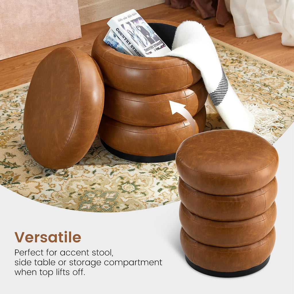 Brown Round Leatherette Storage Vanity Ottoman Stool