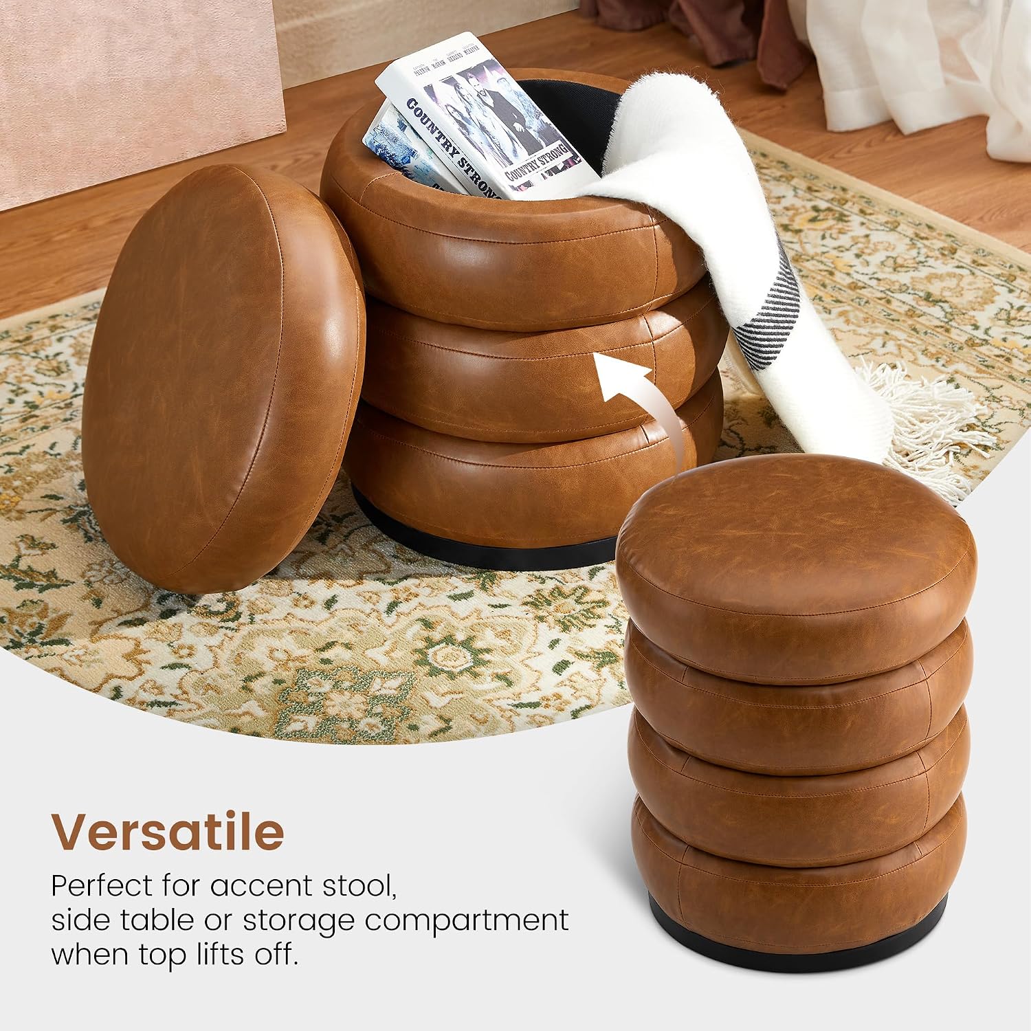 Brown Round Leatherette Storage Vanity Ottoman Stool
