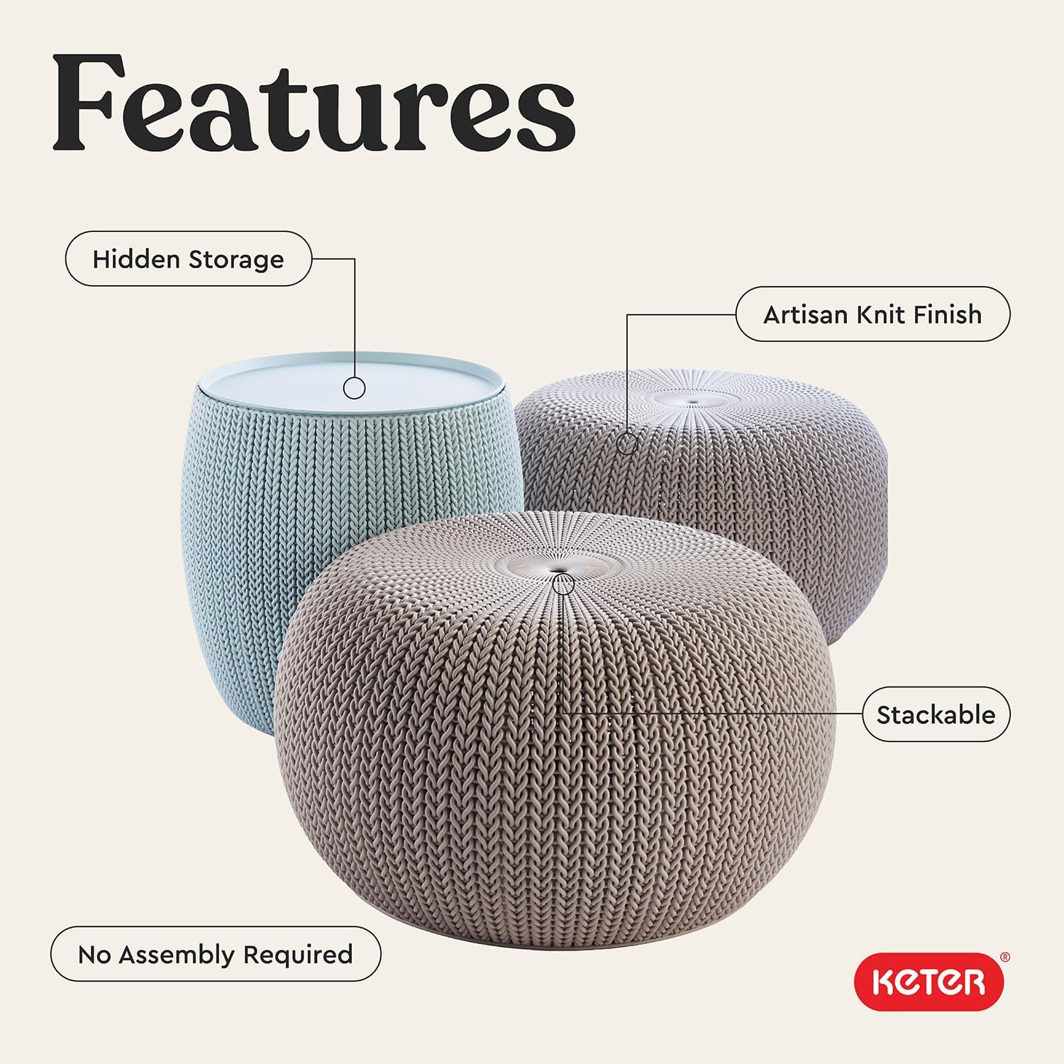 2 Pack Knit Storage Pouf Ottoman for Indoor Outdoor Use