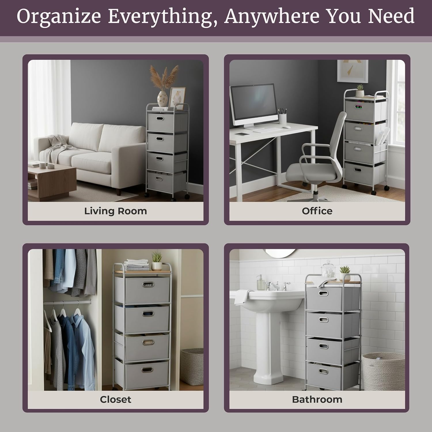 Gray Wheeled Slim 4-Drawer Fabric Dresser
