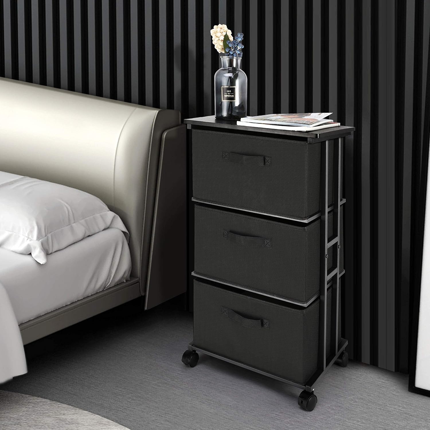 Black 3-Drawer Vertical Fabric Storage Dresser