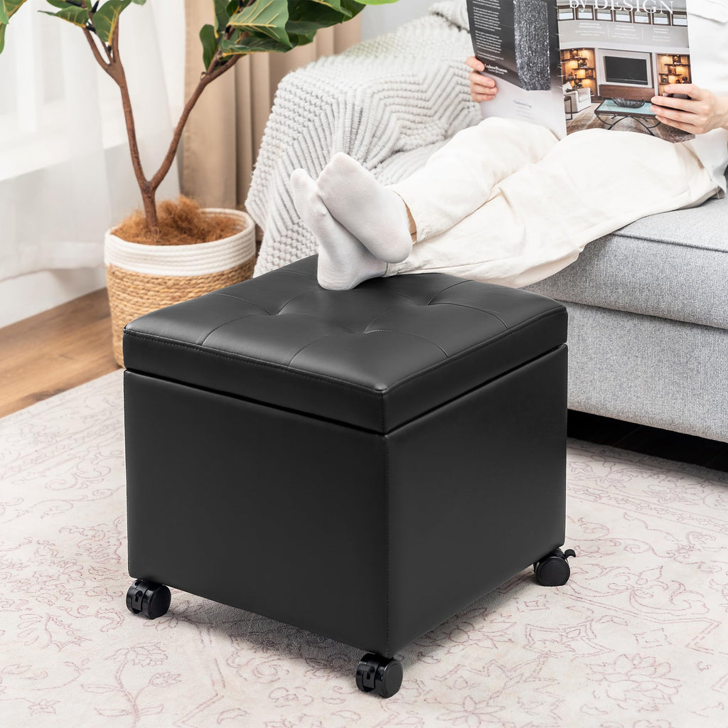 Grey Faux Leather Square Lift-Top Storage Ottoman