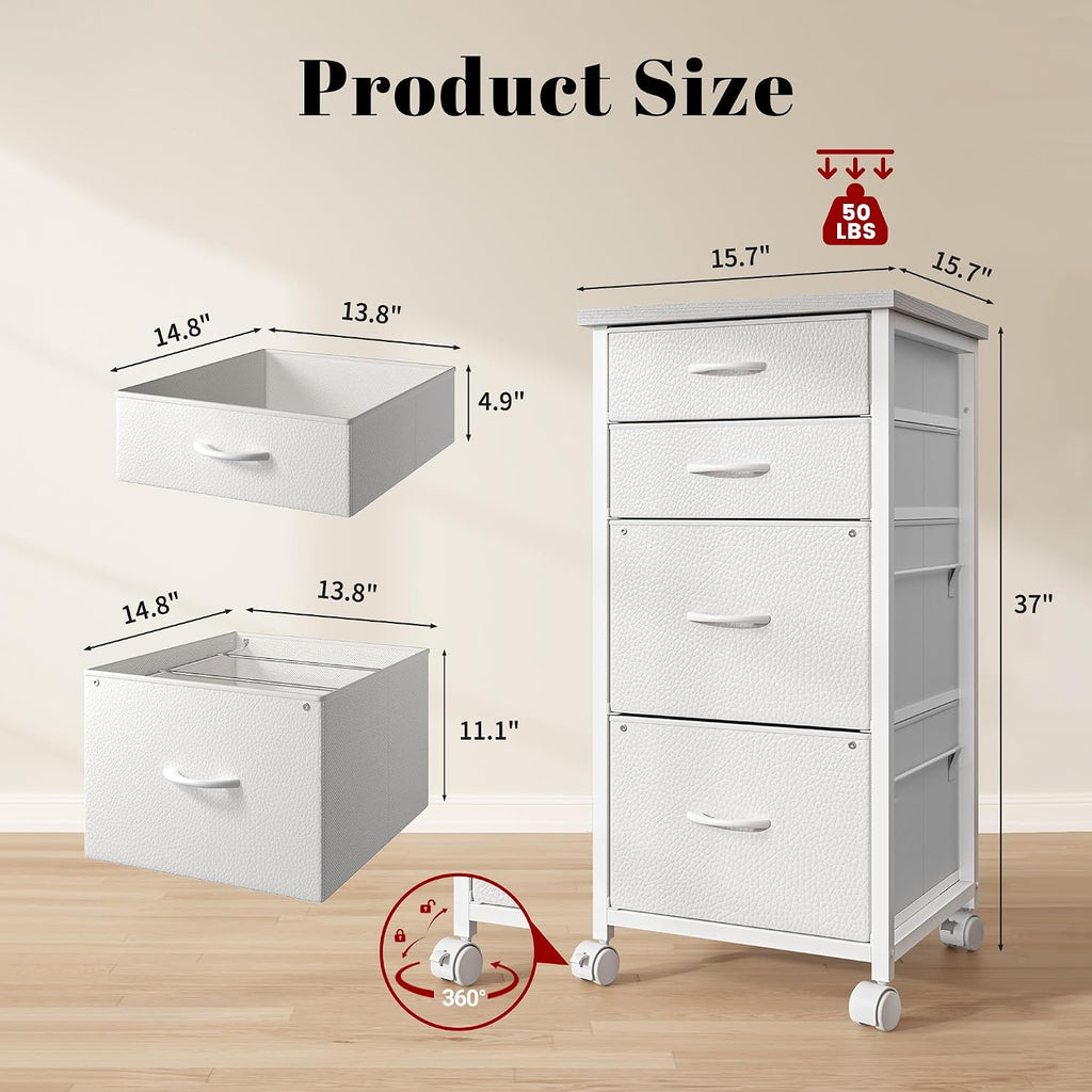 White Rolling Lockable Fabric Drawer File Cabinet