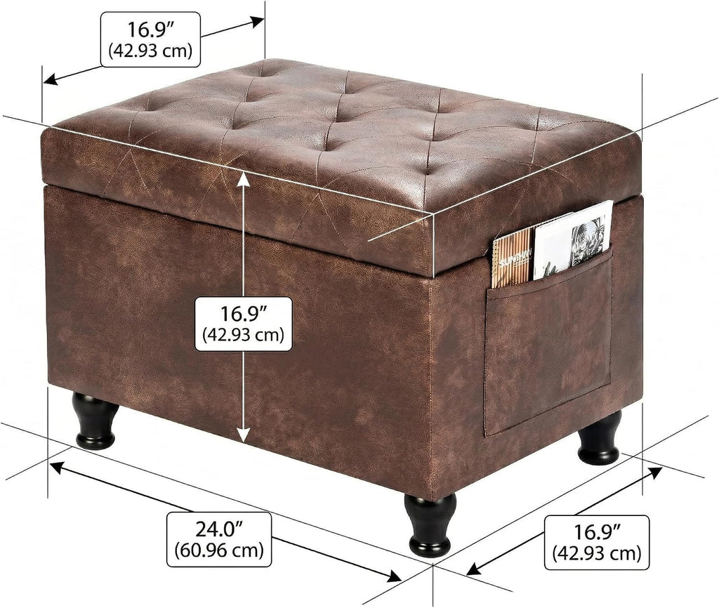 Brown Rectangular Leather Storage Ottoman Bench 24 Inch