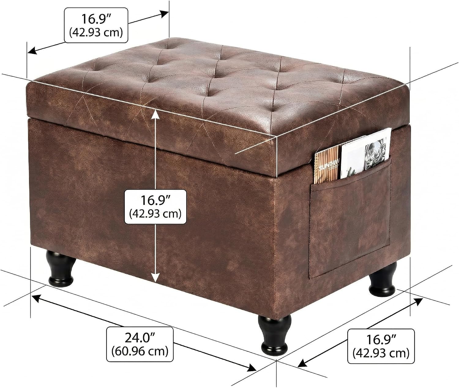 Brown Rectangular Leather Storage Ottoman Bench 24 Inch