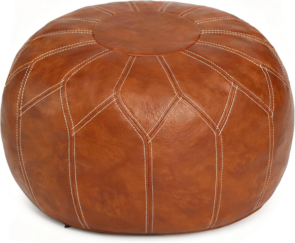 Brown Faux Leather Round Moroccan Pouf Cover