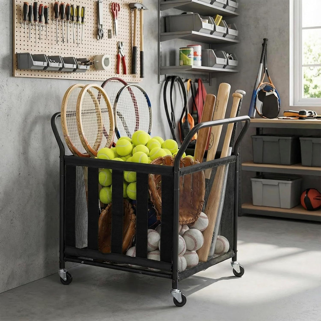 Black Metal Rolling Sports Ball Storage Cart