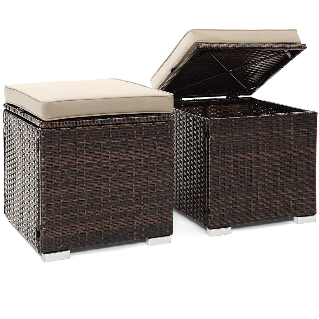 2 Pack PE Rattan Patio Ottoman with Hidden Storage Cushion