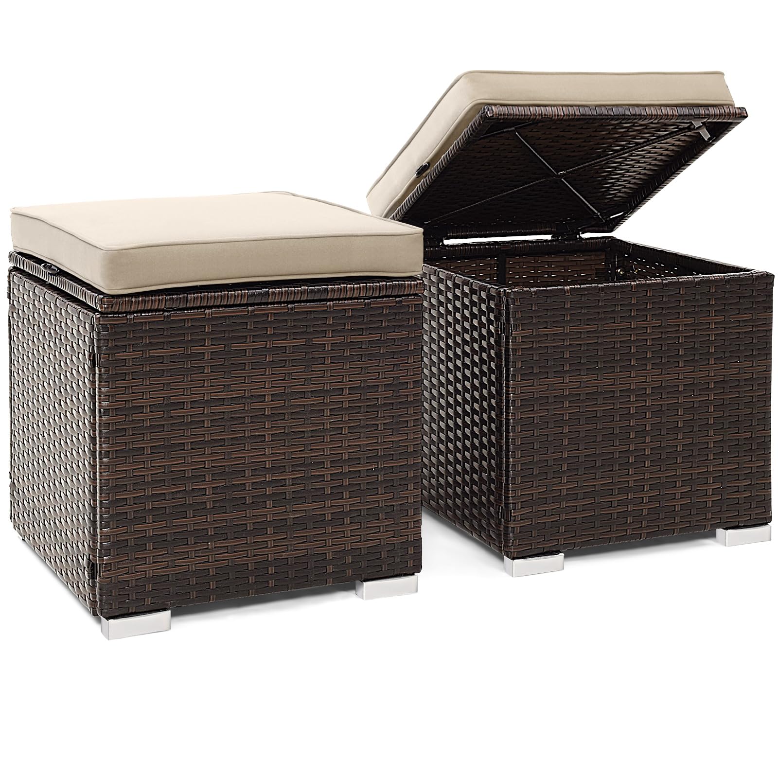 2 Pack PE Rattan Patio Ottoman with Hidden Storage Cushion