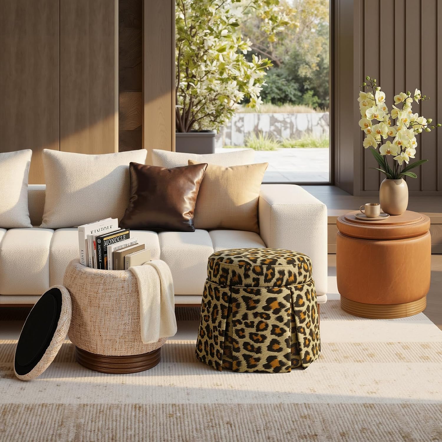 Brown Round Swivel Storage Ottoman with Tray Top