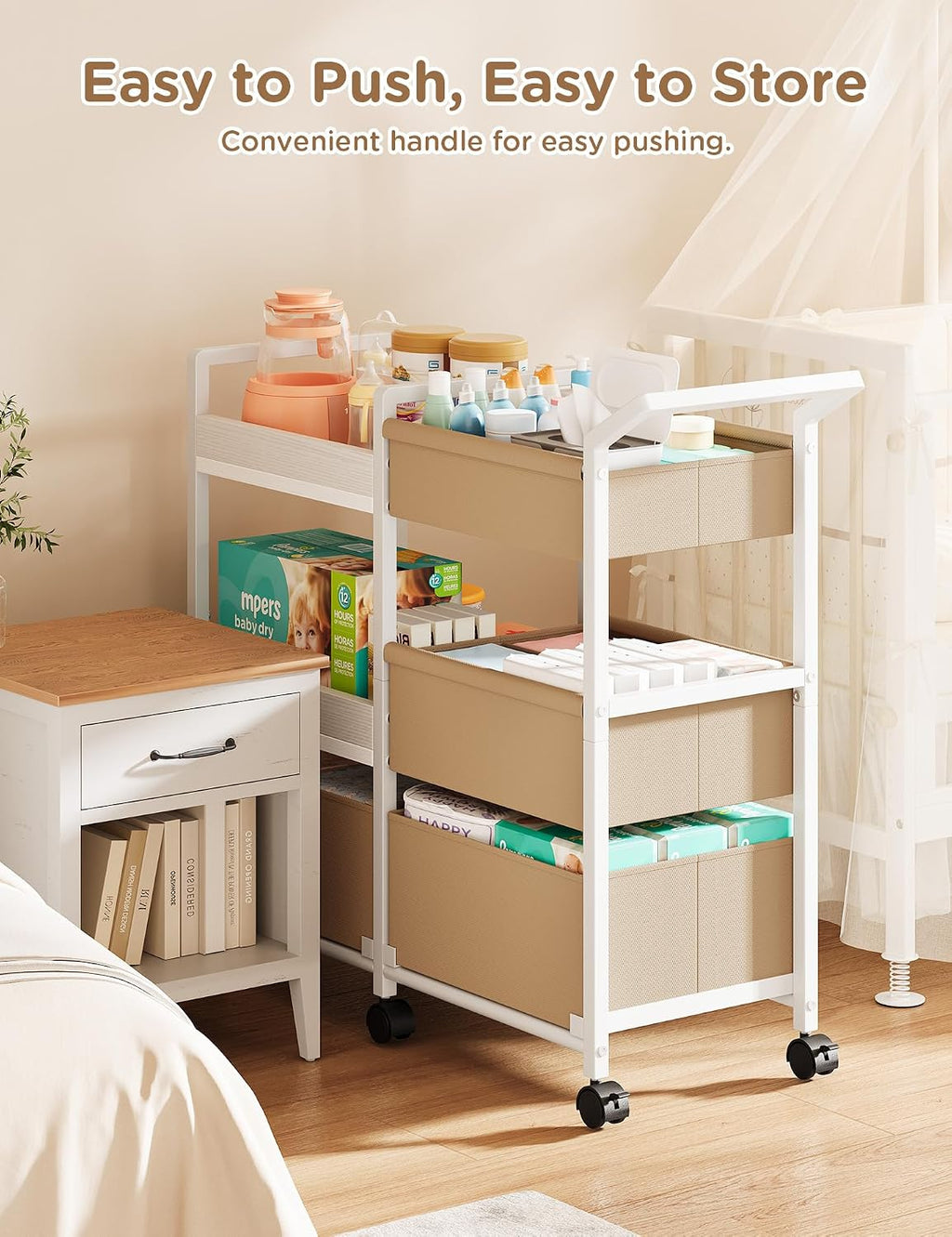 2-In-1 Rolling Nursery Diaper Storage Cart