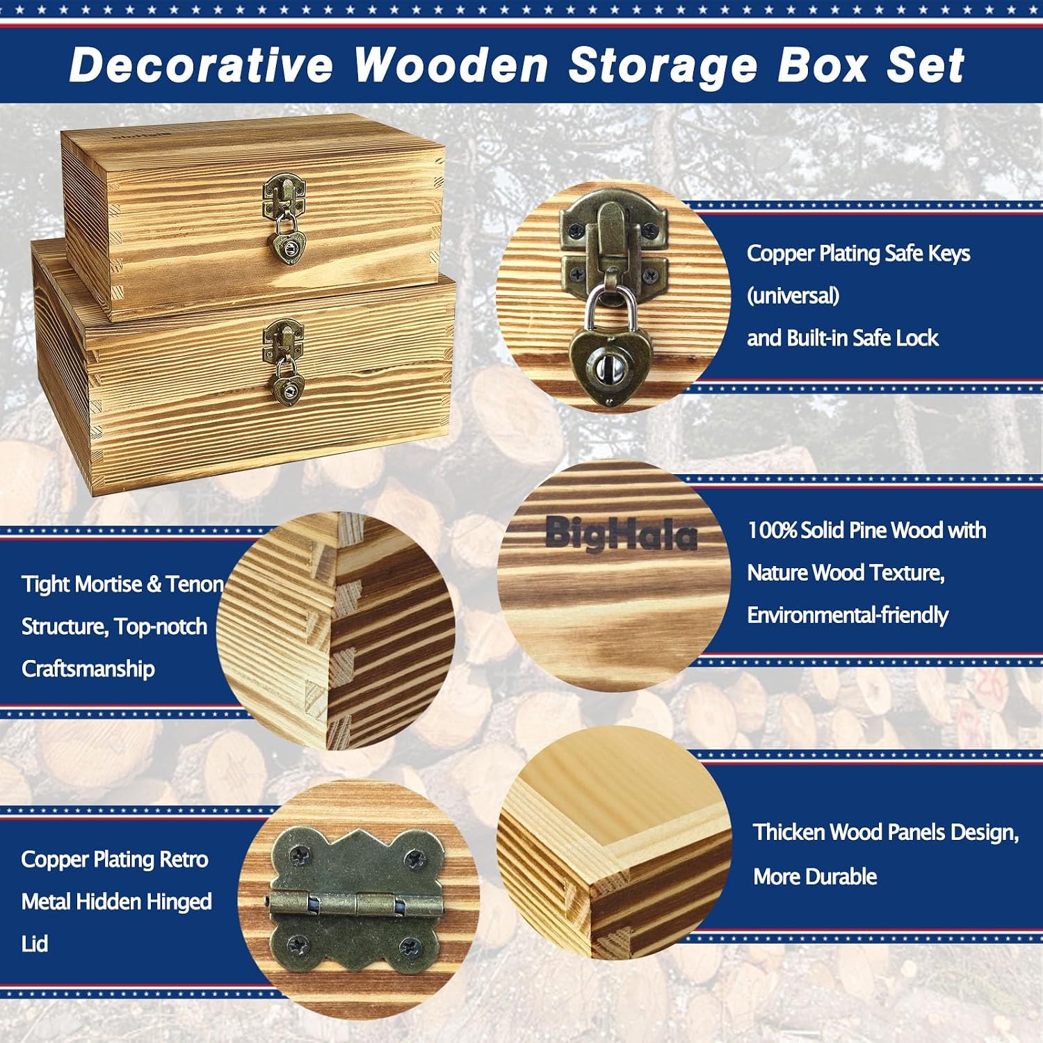 2 Pack Lockable Rustic Wooden Storage Boxes