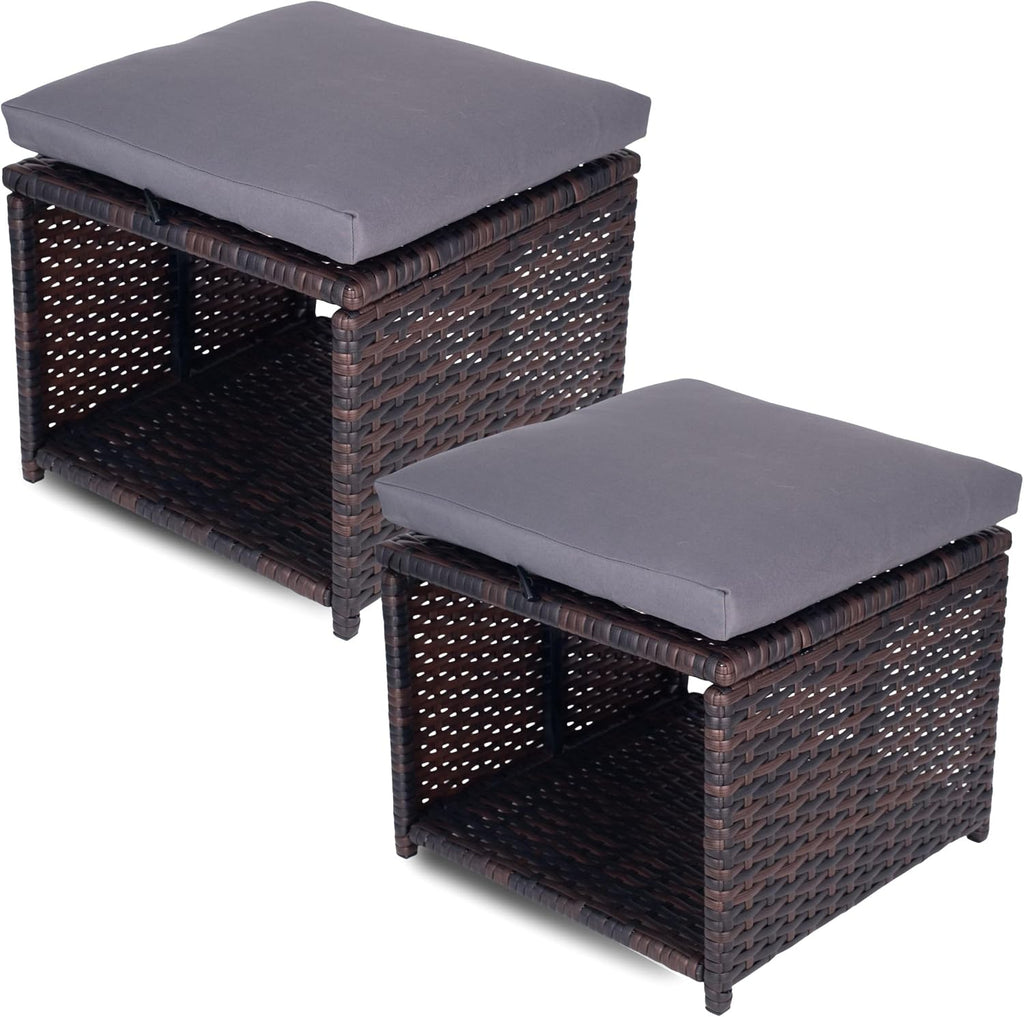 2 Pack All-Weather Wicker Ottoman with Hidden Storage